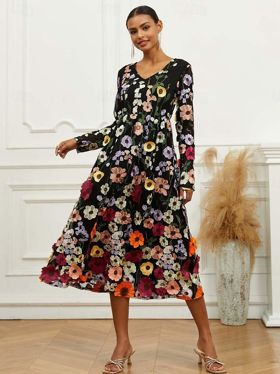 Midikleid mit Blumenstickerei und Bischofsärmeln