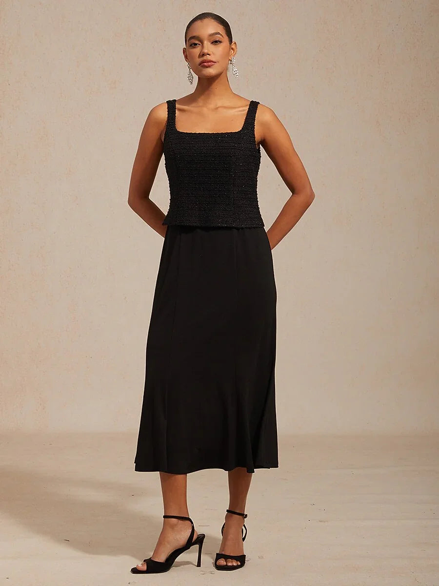 Sleeveless Square Neck Spring Dress with Tweed Bodice