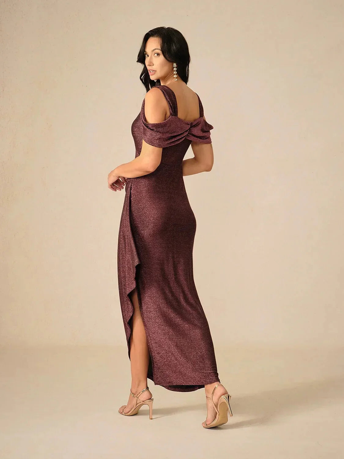 Ankle-Length Cold Shoulder Glitter Mesh Dress