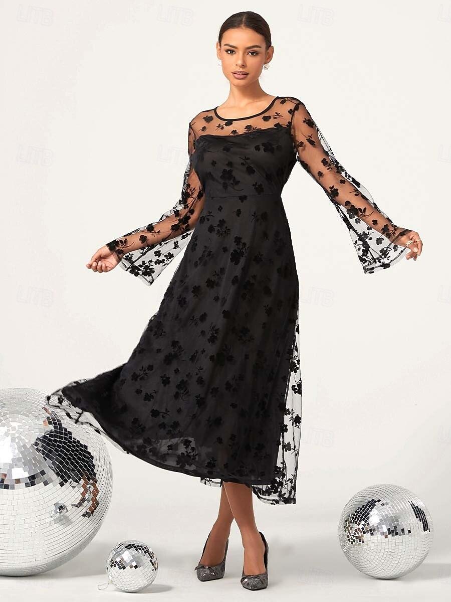 Schwarzes Kleid mit floraler Spitze und transparenten Ärmeln