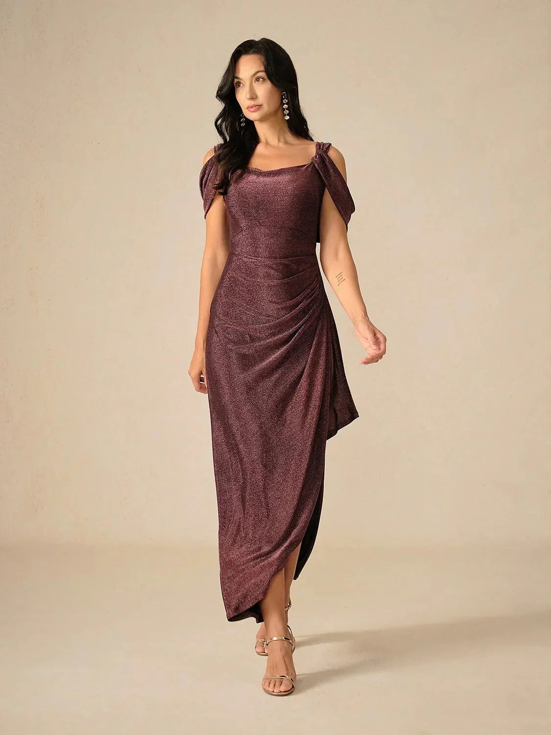 Ankle-Length Cold Shoulder Glitter Mesh Dress