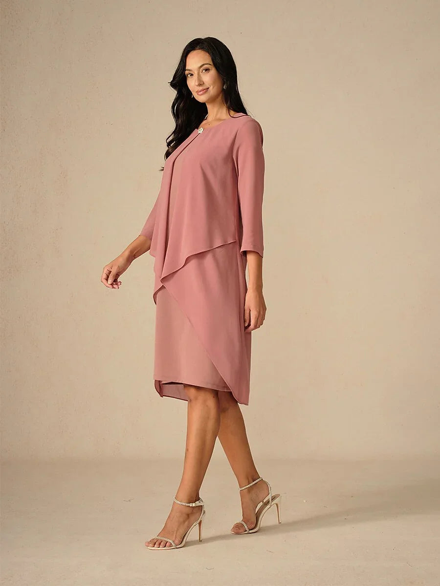 3/4 Sleeve Knee-Length Chiffon Dress with Rhinestone