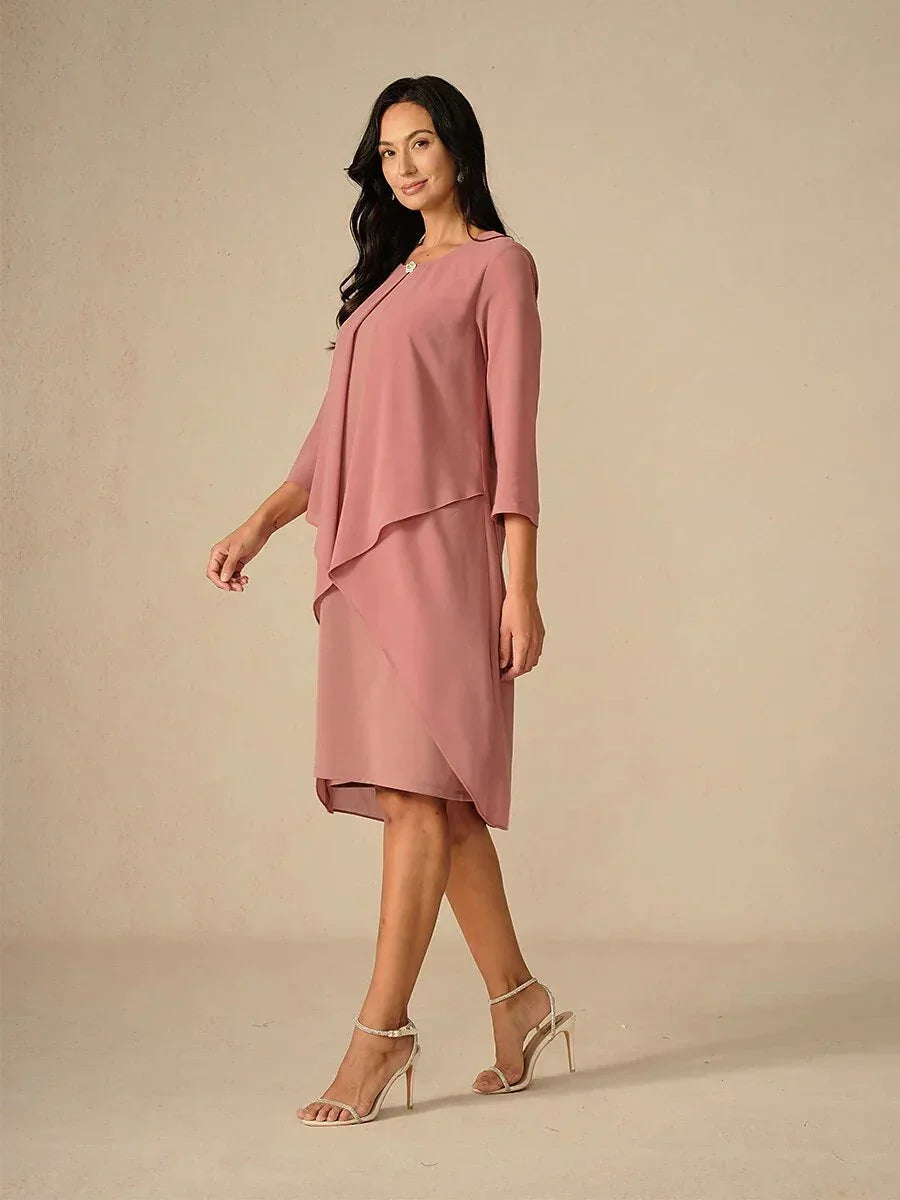 3/4 Sleeve Knee-Length Chiffon Dress with Rhinestone