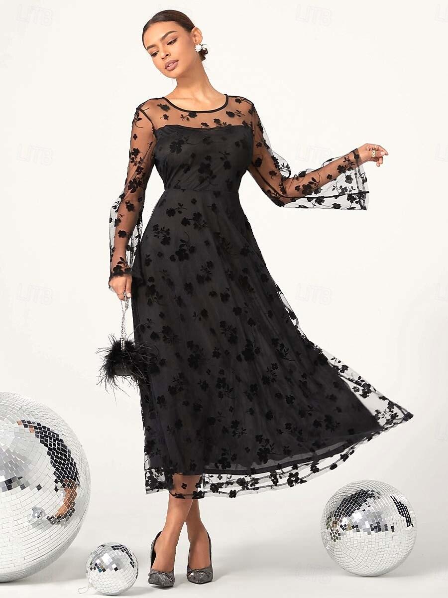 Schwarzes Kleid mit floraler Spitze und transparenten Ärmeln