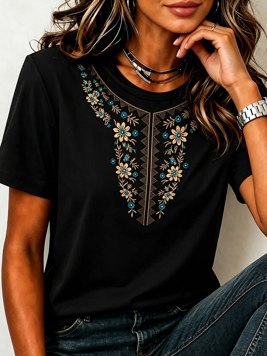Floral Embroidered 100% Cotton Tee