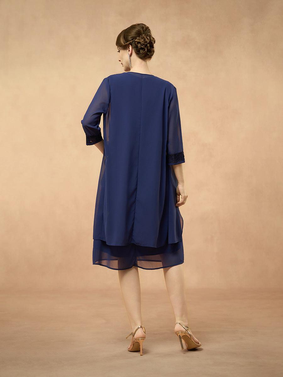 Marineblaues zweiteiliges Chiffon-Kleid-Set mit Pailletten und Strickjacke