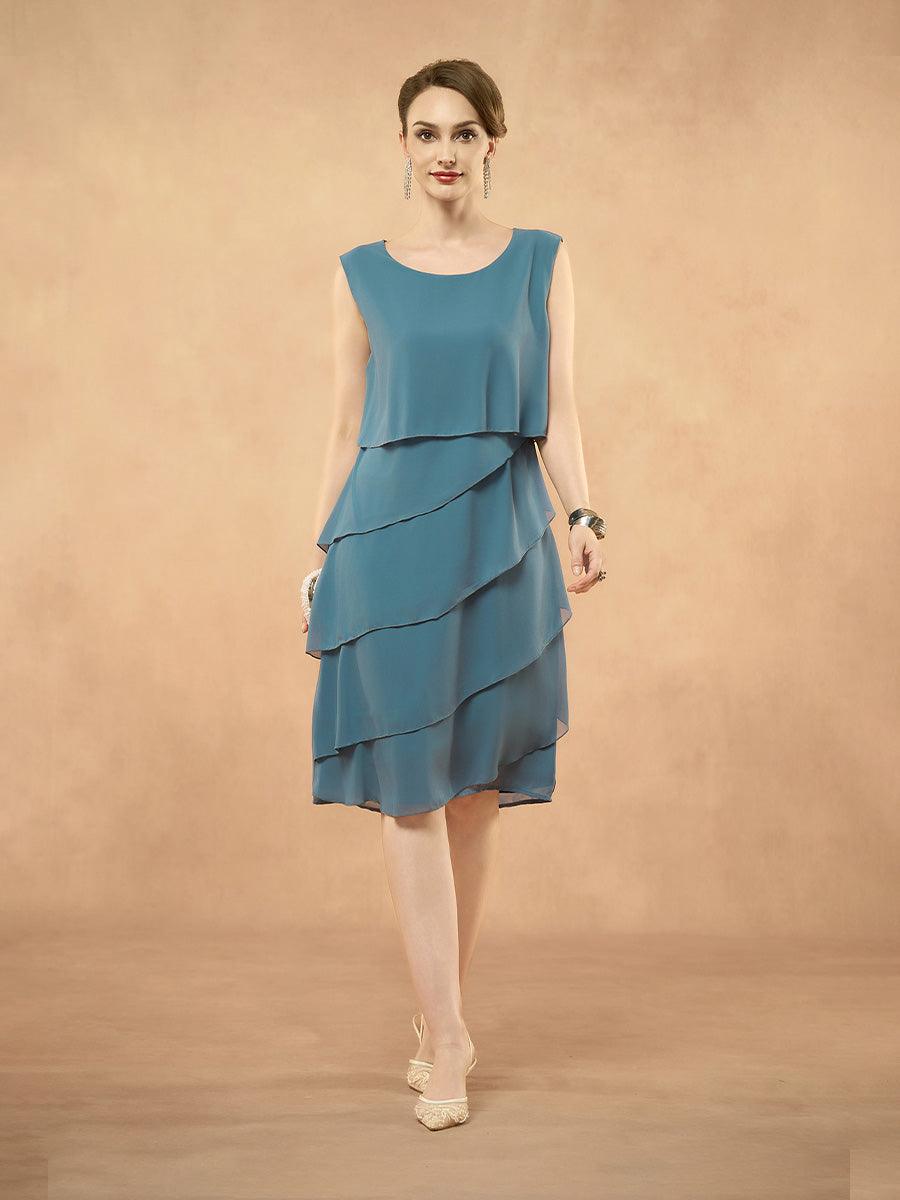 Ärmelloses, mehrlagiges, elegantes Chiffonkleid mit Rundhalsausschnitt