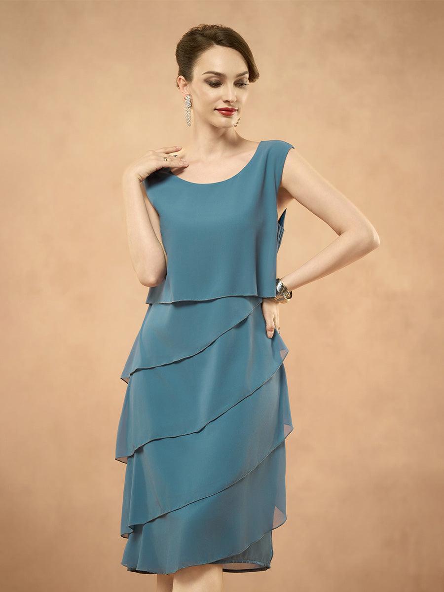 Ärmelloses, mehrlagiges, elegantes Chiffonkleid mit Rundhalsausschnitt