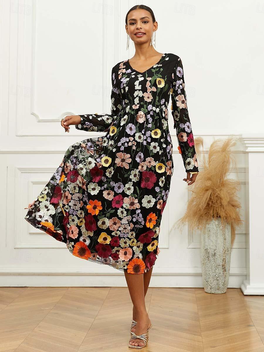 Midikleid mit Blumenstickerei und Bischofsärmeln