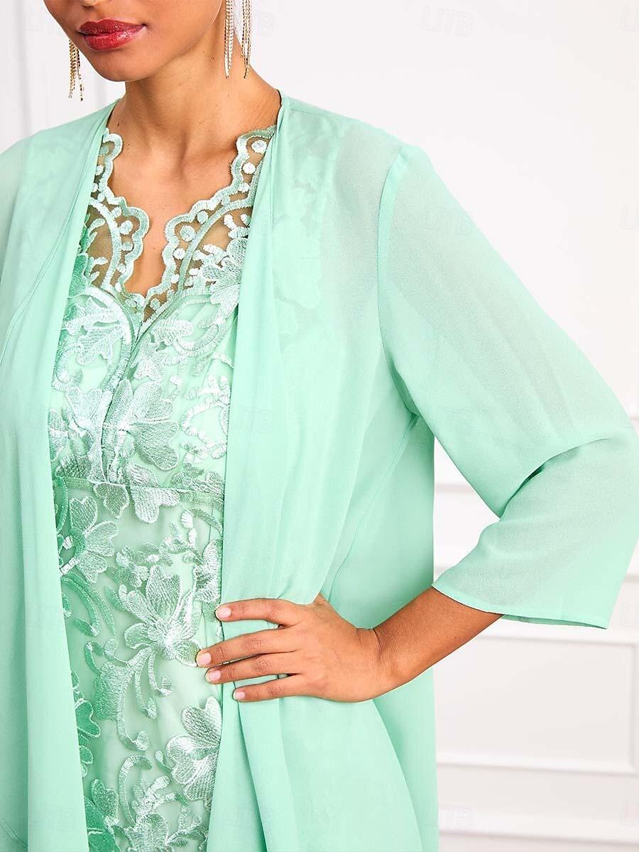 Ensemble de robe en mousseline de soie et dentelle verte