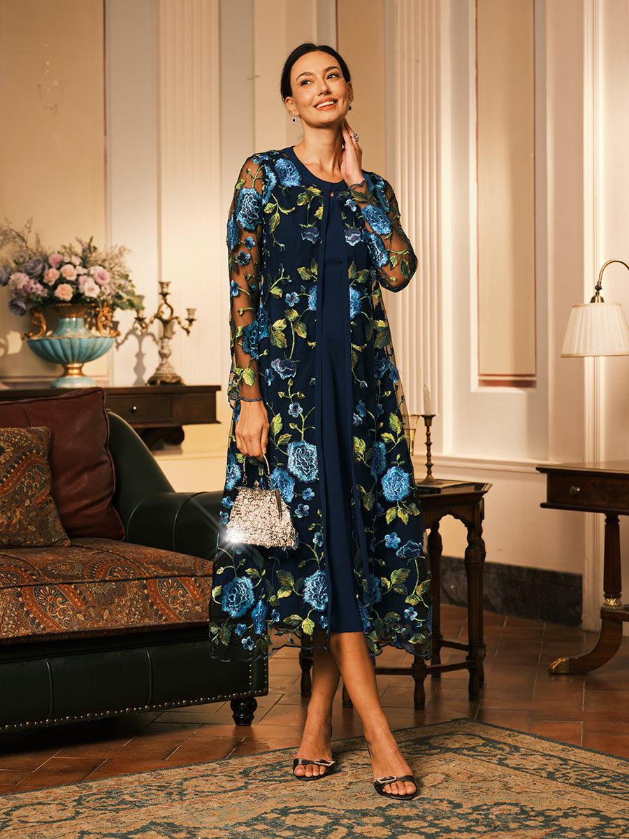 Robe deux pièces en mousseline de soie, maille, dentelle, volants brodés, motif floral