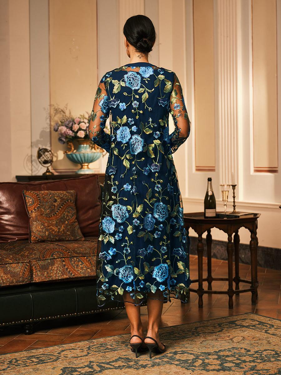 Robe deux pièces en mousseline de soie, maille, dentelle, volants brodés, motif floral