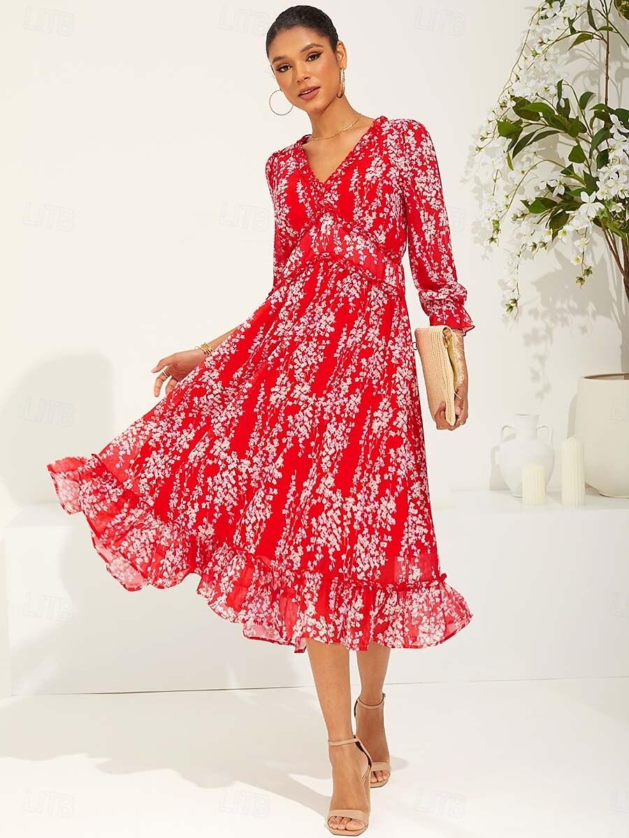 Rotes Swing-Maxikleid aus Chiffon mit Blumenmuster