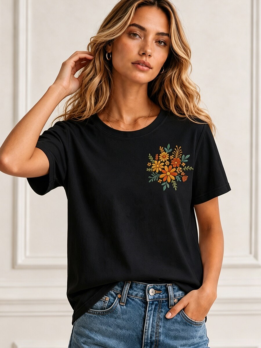 Floral Embroidered 100% Cotton Tee
