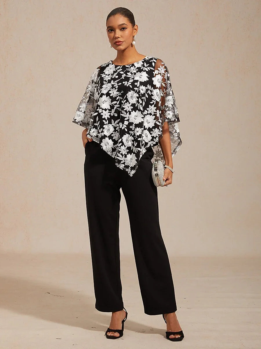 Besticktes Netzspitzentop mit Fledermausärmeln