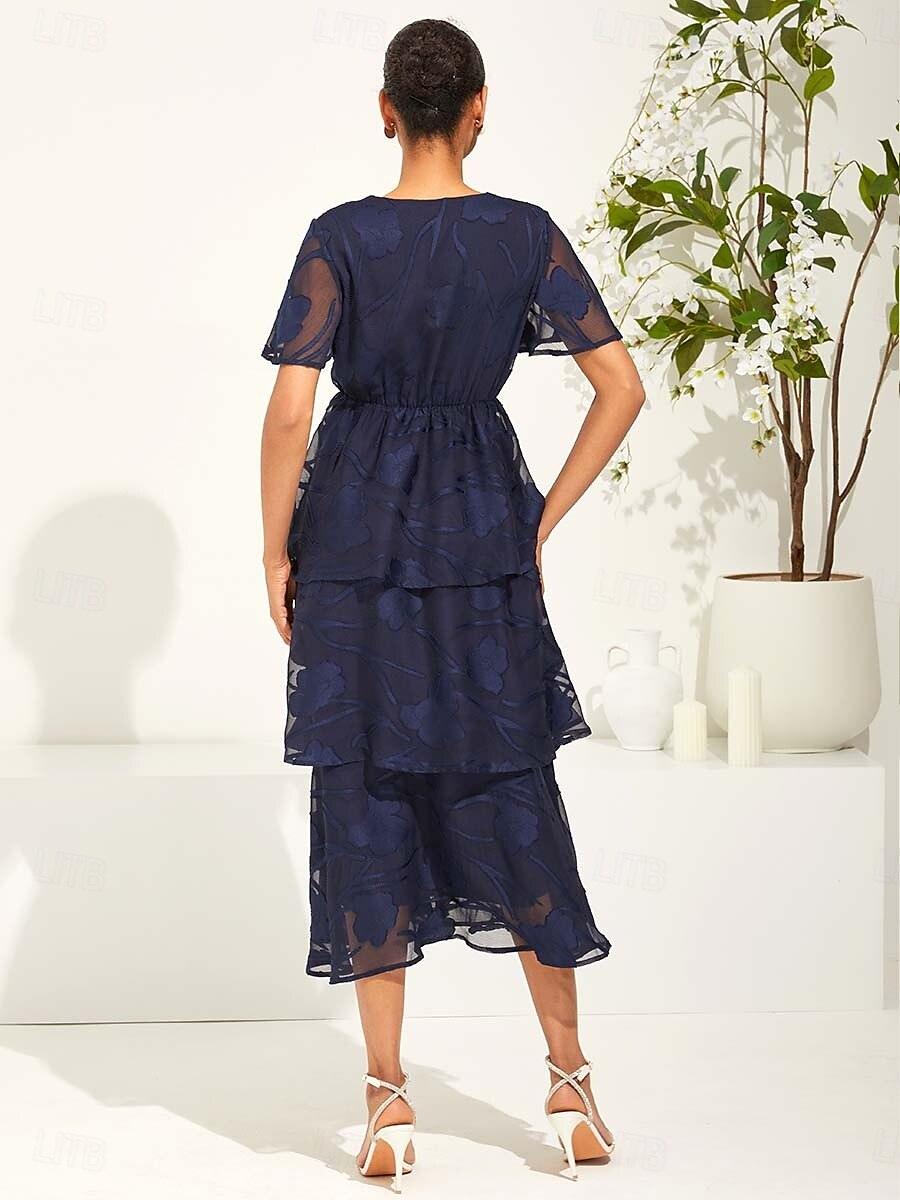 Lace V Neck Ruffle Layered Flutter Dress