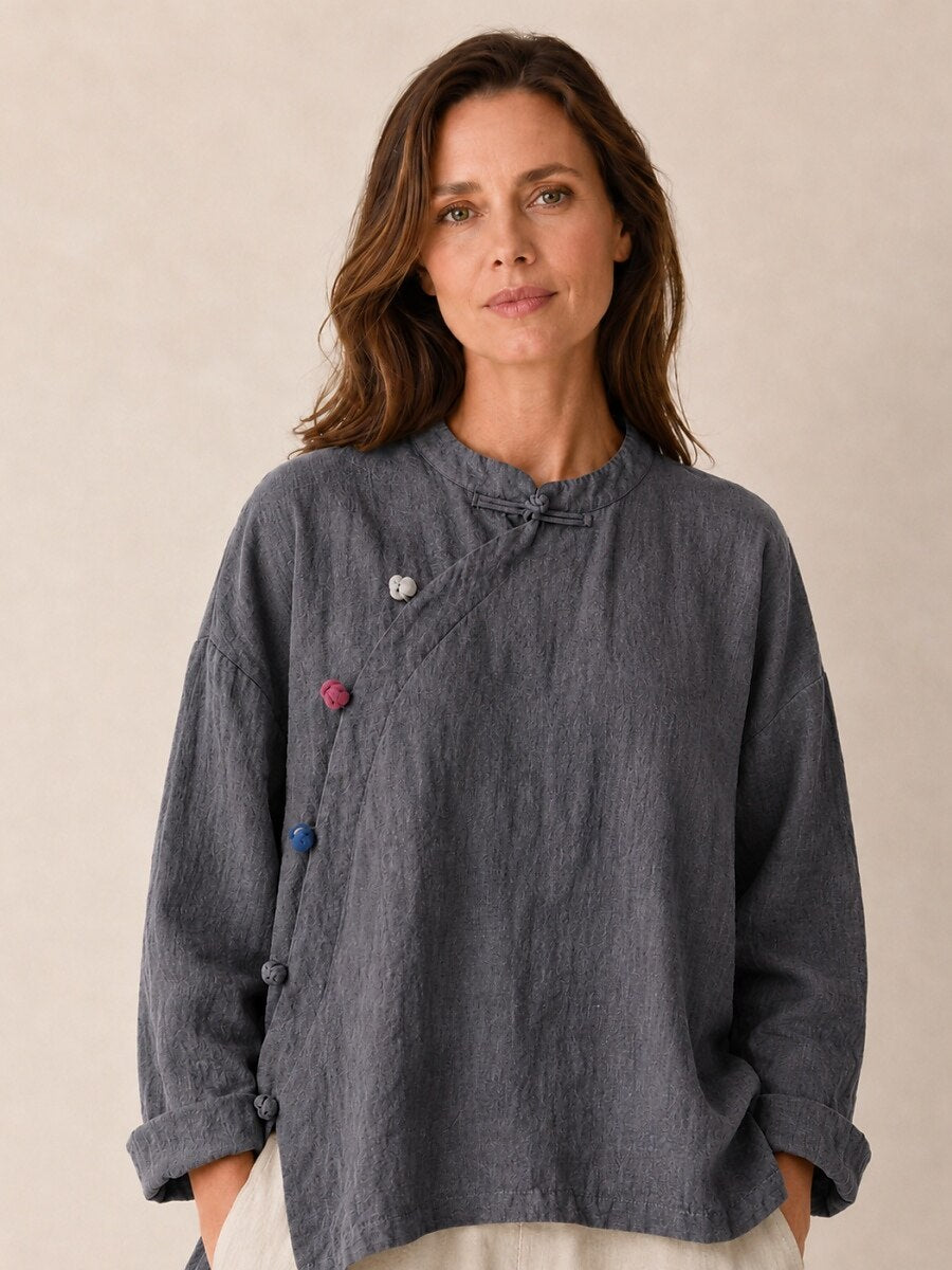 Premium Linen Asymmetric Button-Down Blouse