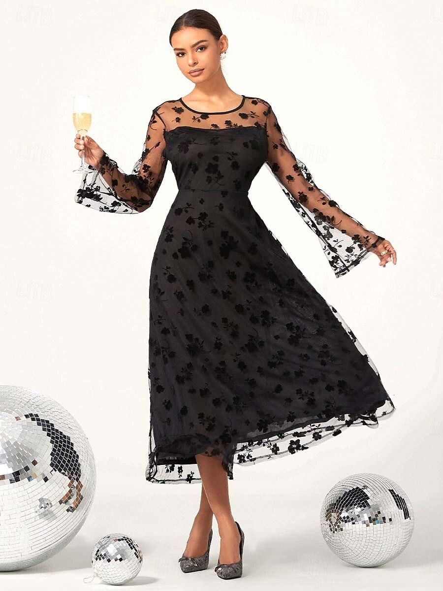 Schwarzes Kleid mit floraler Spitze und transparenten Ärmeln