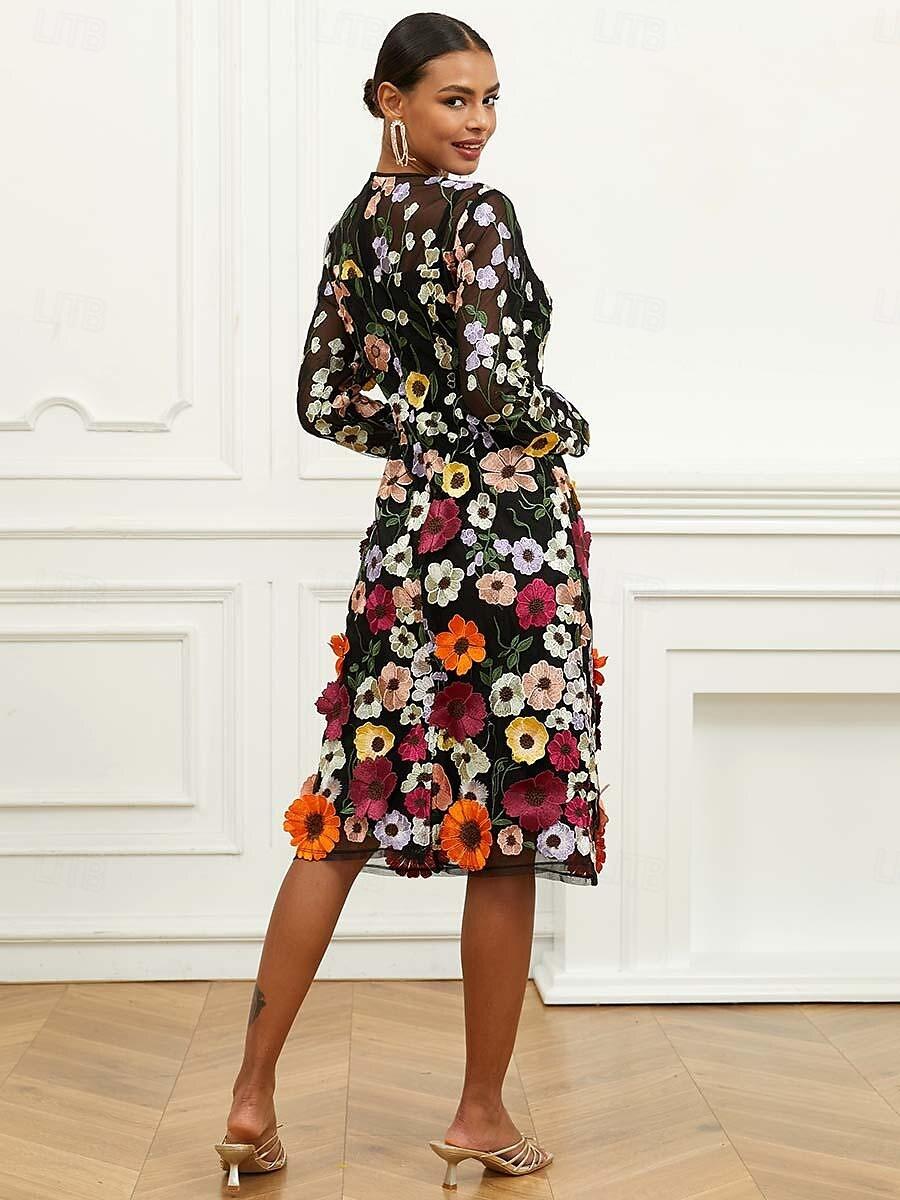 Midikleid mit Blumenstickerei und Bischofsärmeln