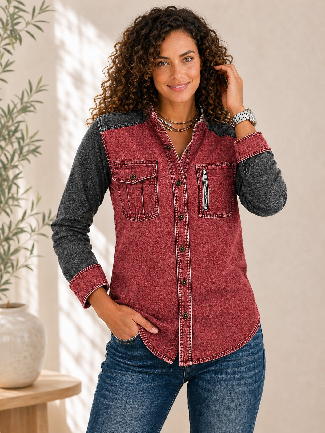 Denim Zipper Henley Shirt