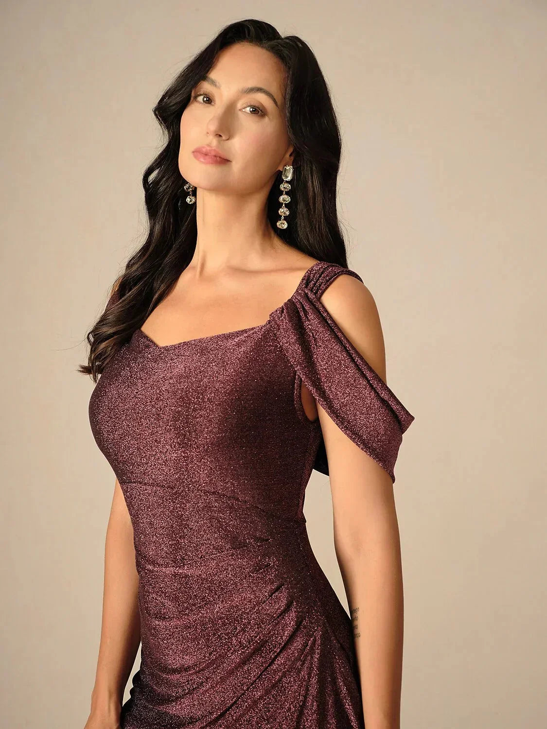 Ankle-Length Cold Shoulder Glitter Mesh Dress