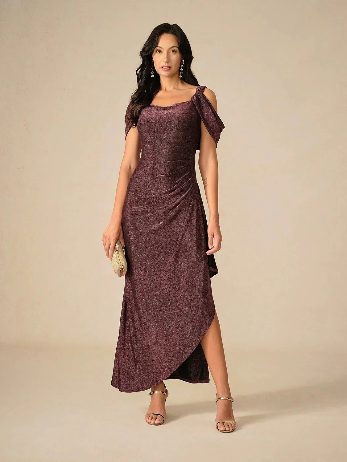 Ankle-Length Cold Shoulder Glitter Mesh Dress