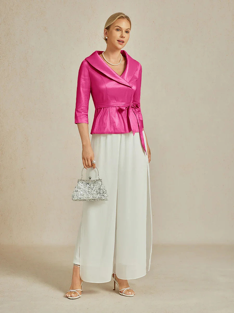 Bluse aus Stretch-Taft mit 3/4-Ärmeln und Bindedetail in der Taille