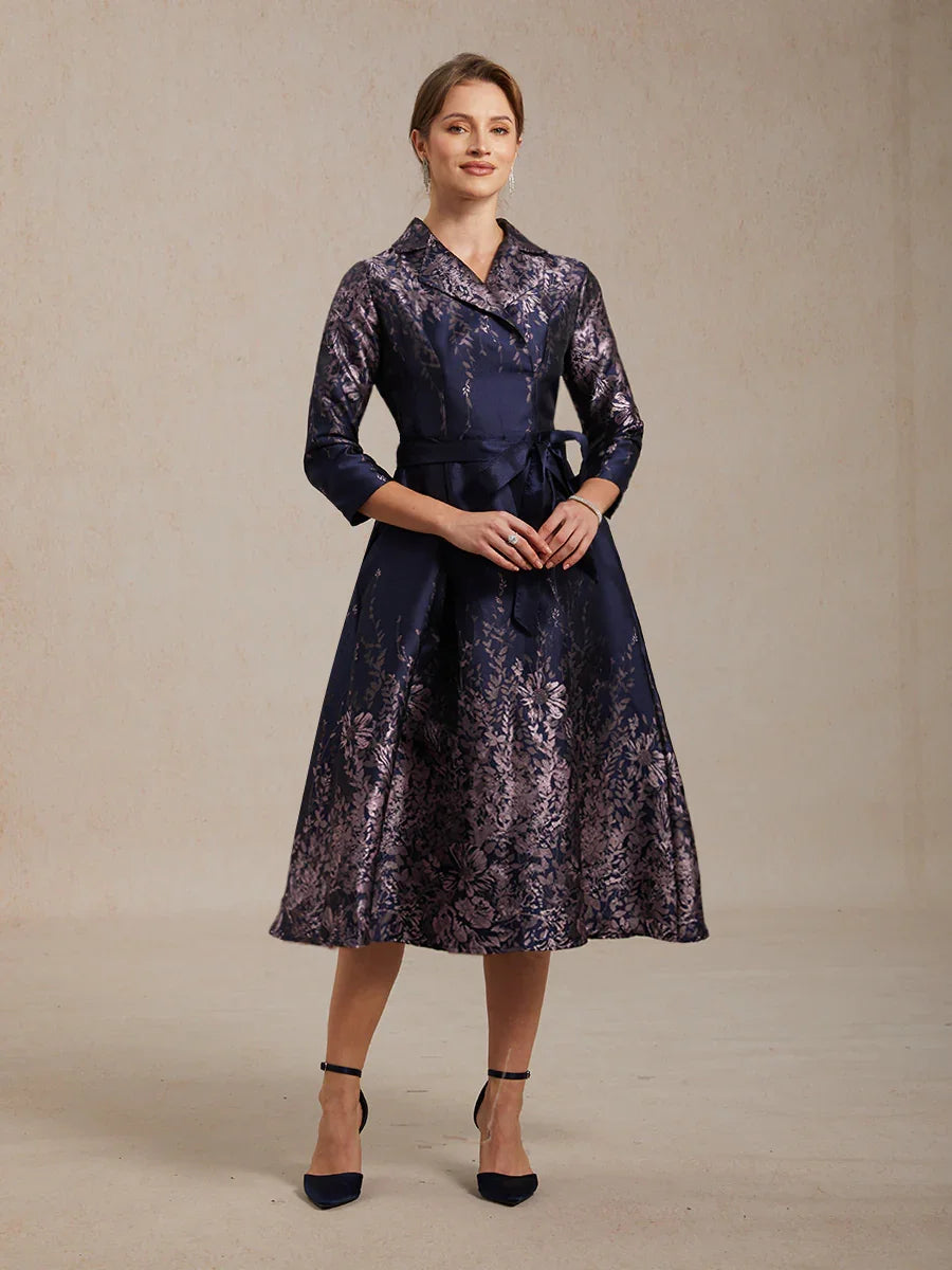Floral Jacquard Shirt Dress with Belt and Side Pockets