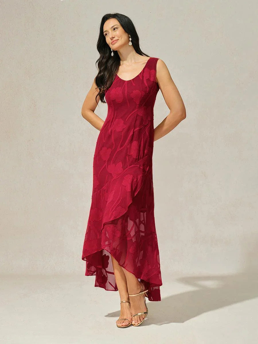 Navy Floral Chiffon Evening Gown with Asymmetrical Hem