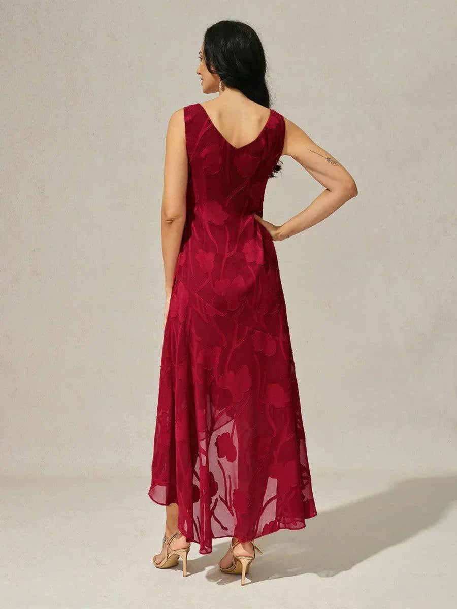 Navy Floral Chiffon Evening Gown with Asymmetrical Hem