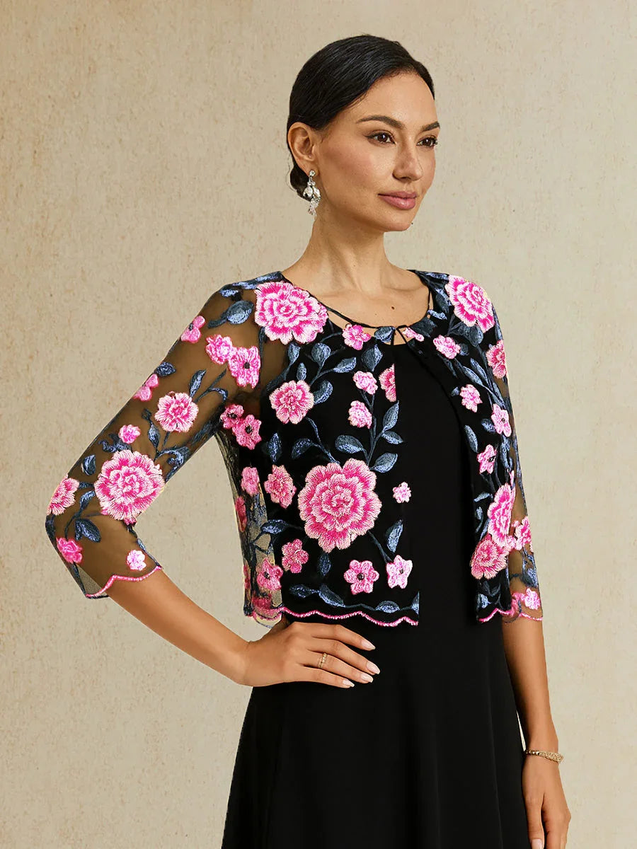 Floral Embroidered Lace Jacket With Scallop Detail