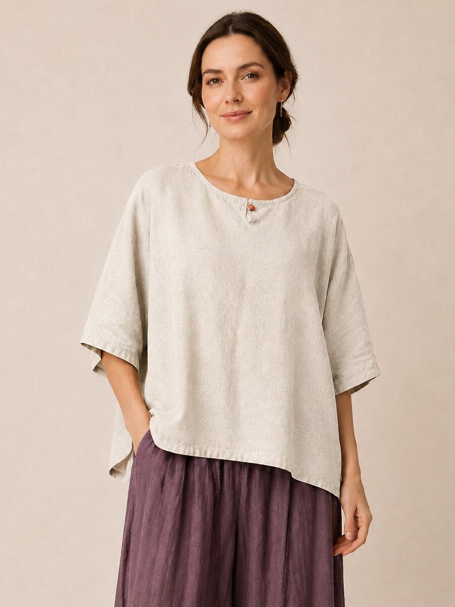 Premium Linen Crew-Neck Button Blouse
