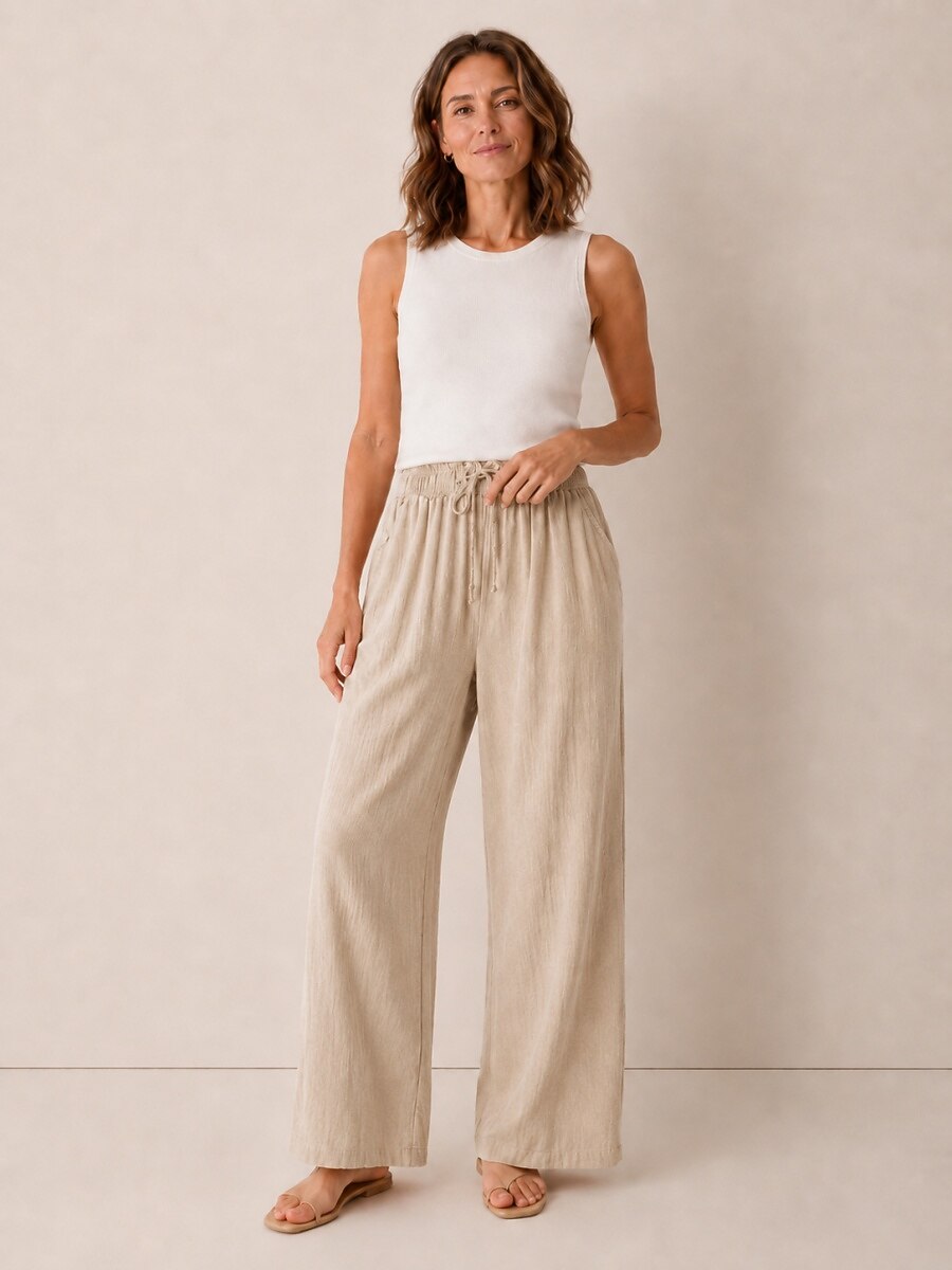 Women's Linen Drawstring Wide-Leg Culottes