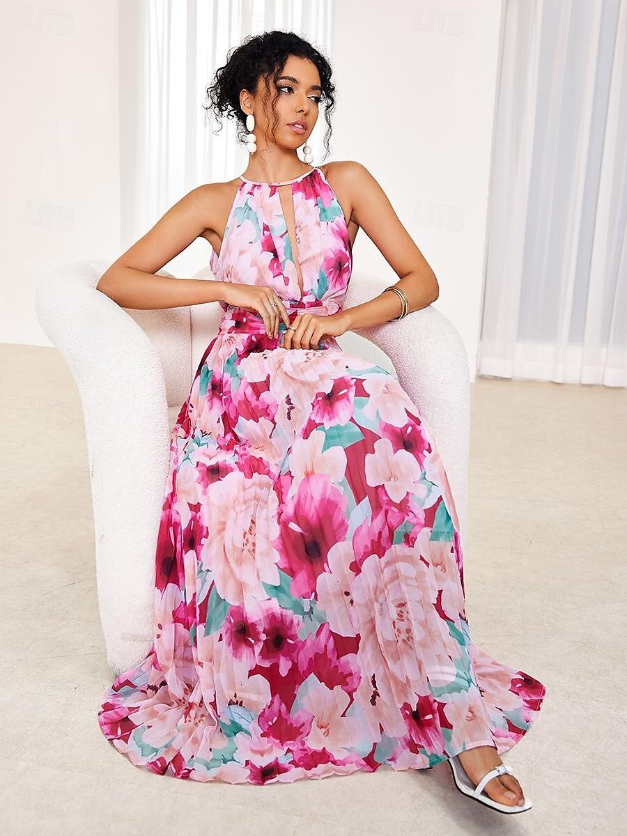 Plissiertes Maxikleid aus Chiffon mit Blumenmuster