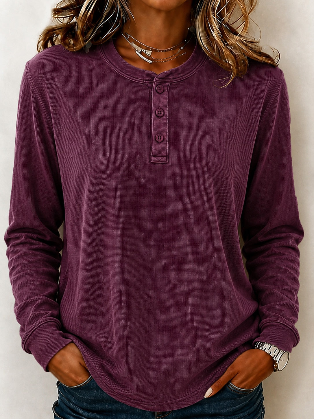 Washed 100%Cotton Waffle Henley Tops