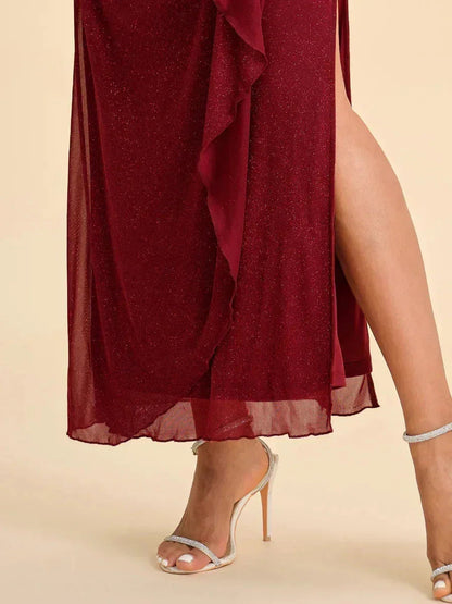 Ankle-Length Cold Shoulder Glitter Mesh Dress