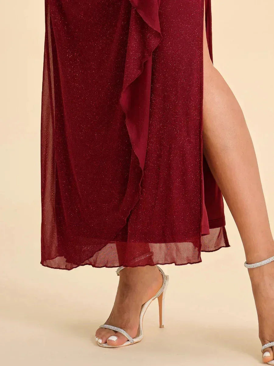 踝長露肩亮片網紗洋裝