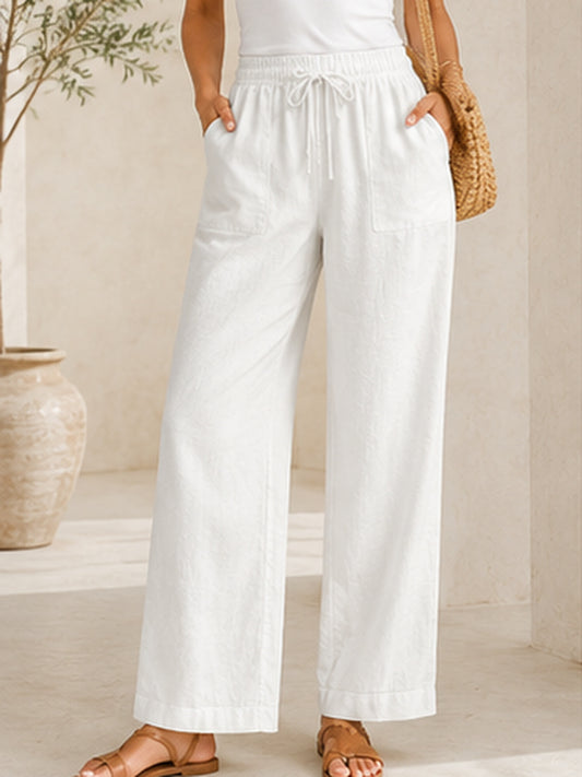 Cotton Linen Drawstring Straight-Leg Pants