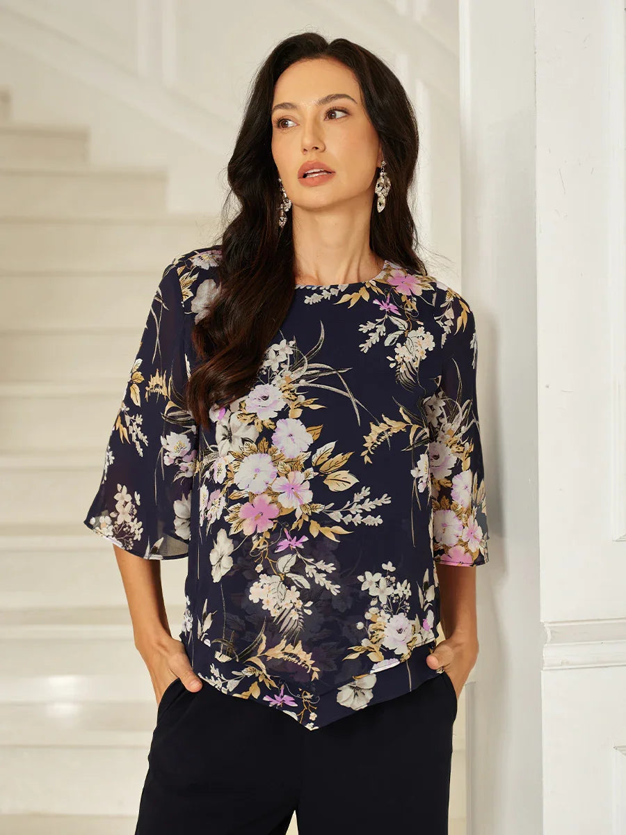 Bluse mit Rundhalsausschnitt und halblangen Ärmeln und Patchwork-Spitze