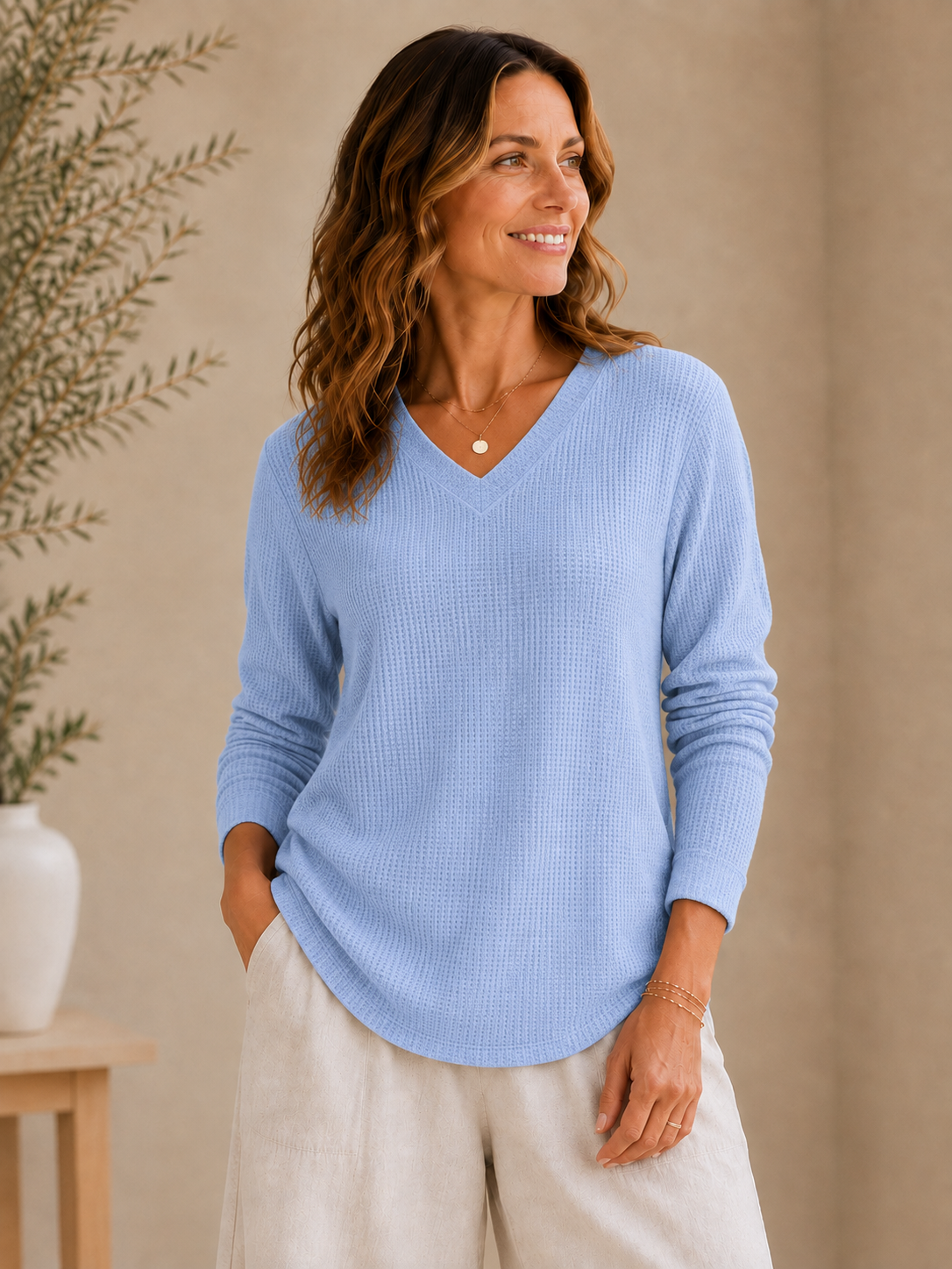 Women's Waffle Cotton V-Neck Shirt