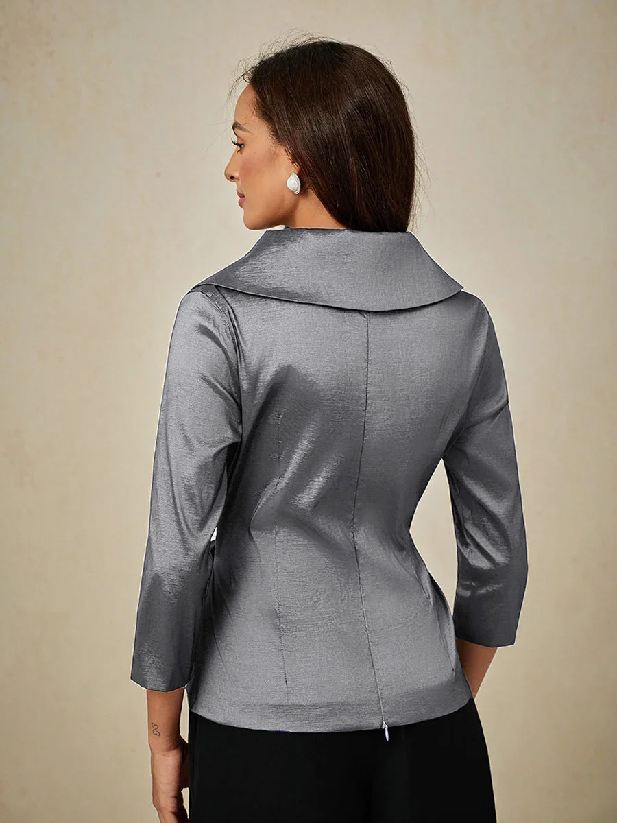 3/4 Sleeve Stretch Taffeta Blouse with Tie Waist Detail