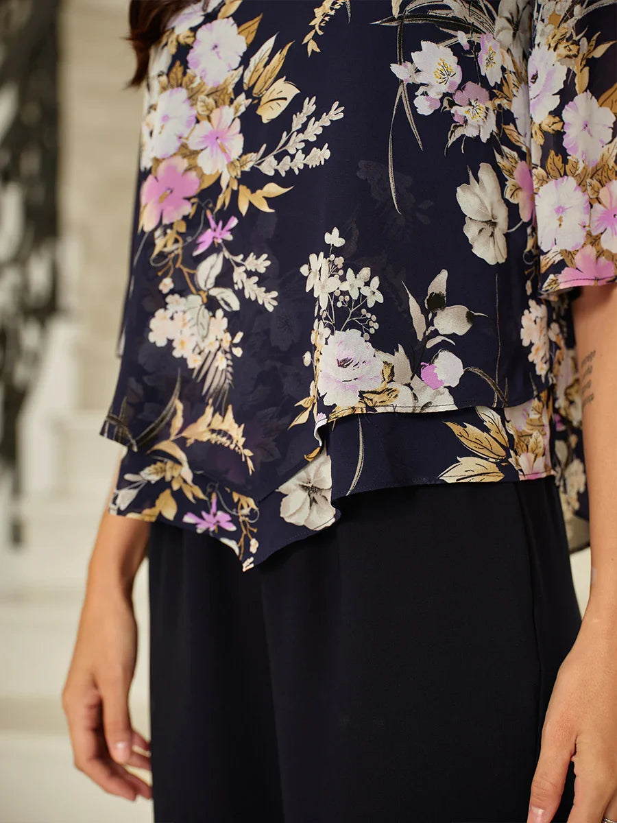 Bluse mit Rundhalsausschnitt und halblangen Ärmeln und Patchwork-Spitze