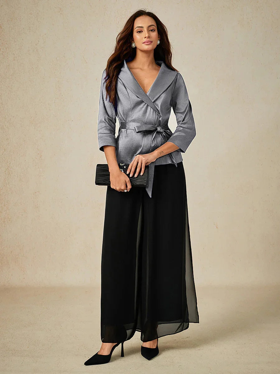 3/4 Sleeve Stretch Taffeta Blouse with Tie Waist Detail