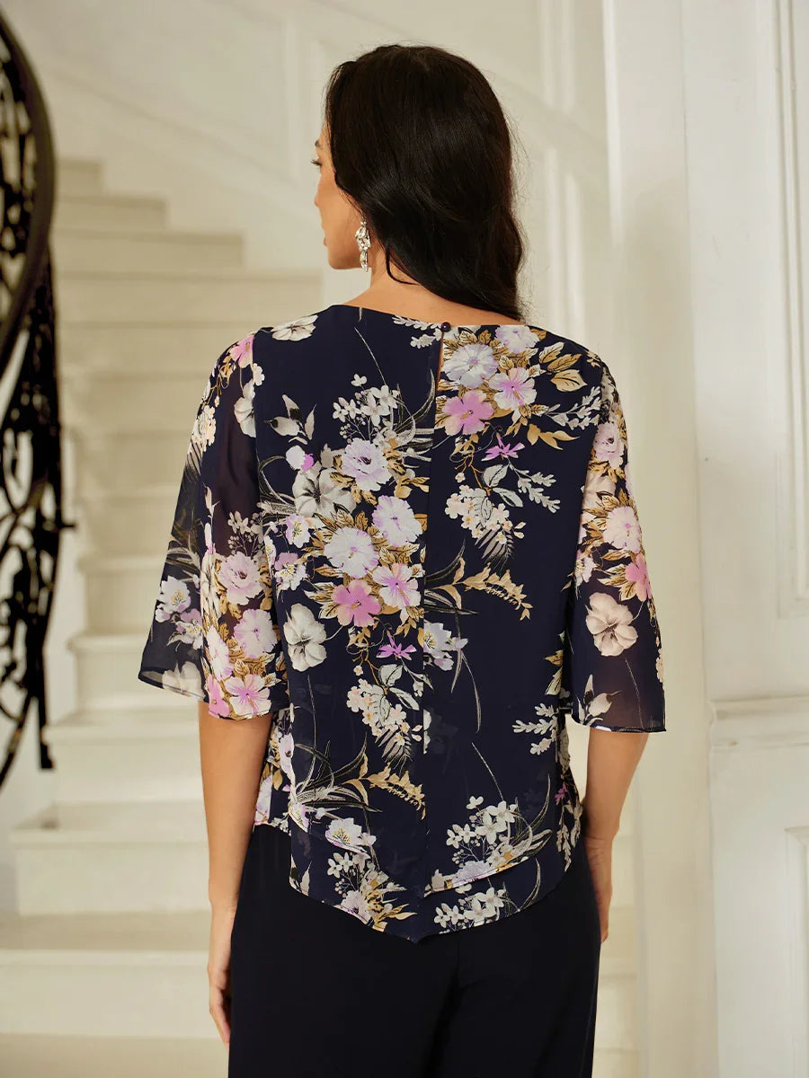 Bluse mit Rundhalsausschnitt und halblangen Ärmeln und Patchwork-Spitze