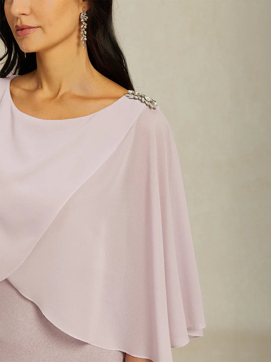 Maxi Glitter Knit A-Line Dress with Chiffon Overlay Capelet