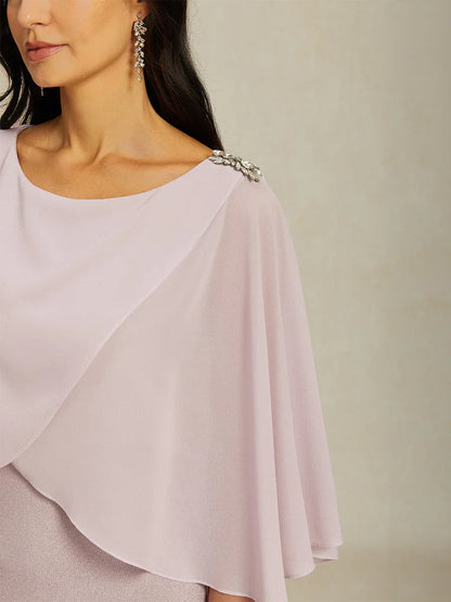 Maxi Glitter Knit A-Line Dress with Chiffon Overlay Capelet