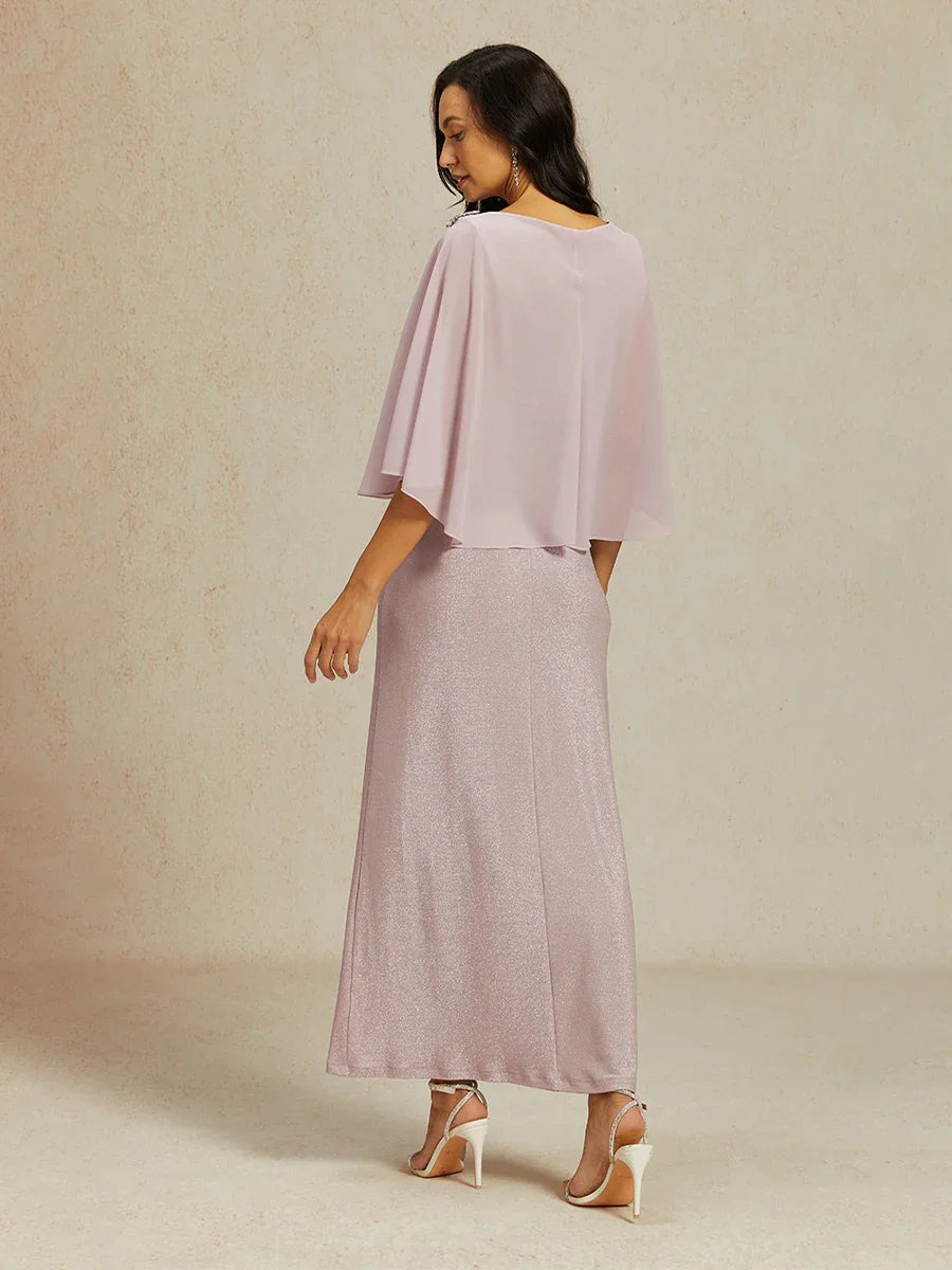 Maxi Glitter Knit A-Line Dress with Chiffon Overlay Capelet
