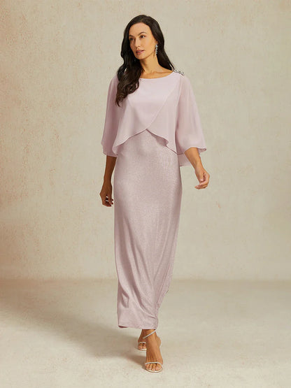 Maxi Glitter Knit A-Line Dress with Chiffon Overlay Capelet