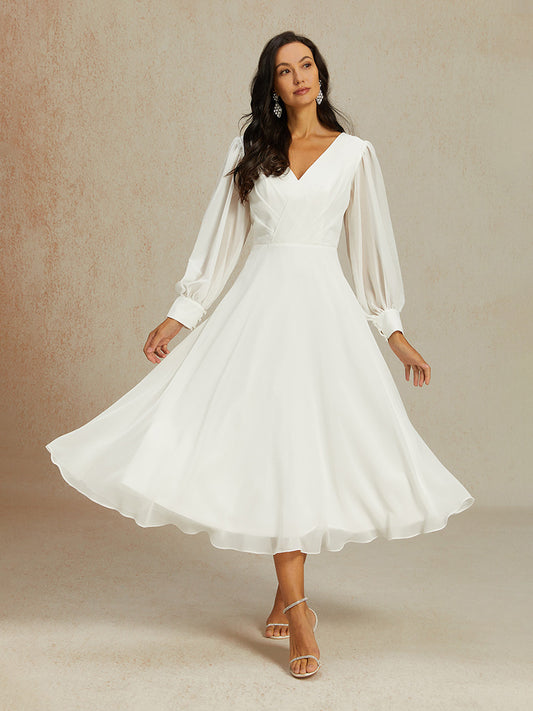 Chiffon V-Neck Puff Sleeve Bridal Gown