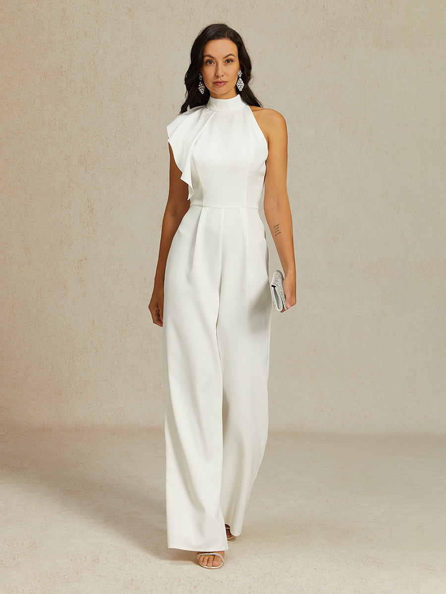 Sleeveless Halter Ruffle Wide Leg Jumpsuit